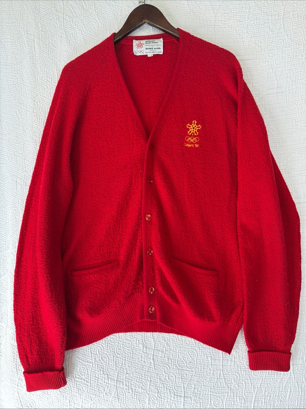 Vintage 1988 XV Olympic Winter Games Calgary Knit Wool Red Cardigan Sweater L